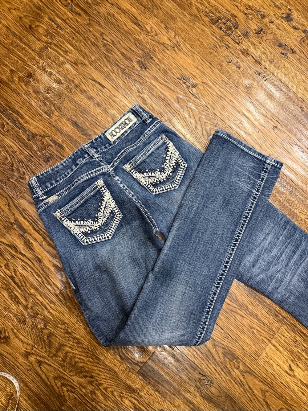 Rock & Roll Cowgirl Embellished Back Pocket Boot Cut Jeans - Blue